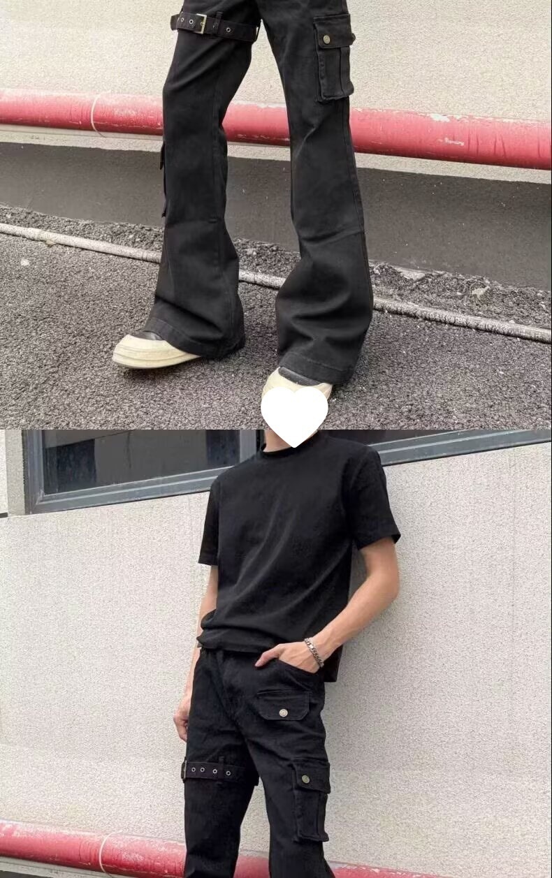 Jean cargo évasé à lacets noir pour homme, collection printemps-automne, style américain tendance, coupe slim et jambes pattes d'éléphant._voghion.com