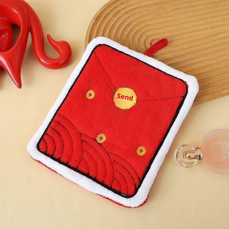 Lillian Spring Festival Drum Lantern Hand Cute Absorbent Coral Fleece Bathroom Kitchen Handkerchief Hanging Towel_voghion.com