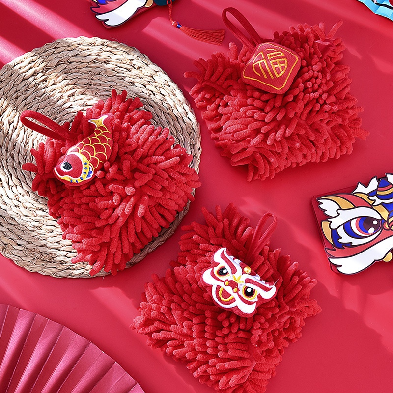 Lillian New Year Koi Chenille Creative Gift Kitchen Hanging Absorbent Hand Ball Red Towel_voghion.com