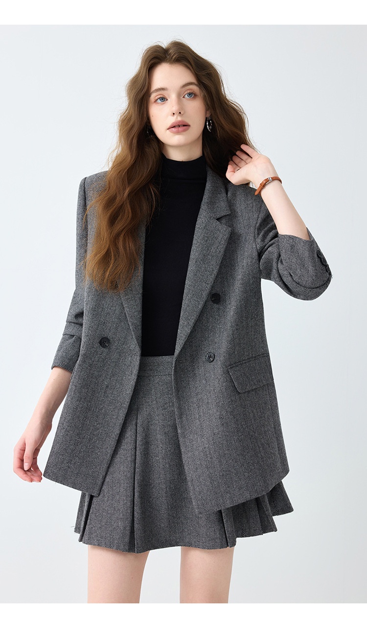 Grauer Blazer für Damen, Frühjahr/Herbst 2025 – Neues, lässiges und hochwertiges Business-Set in kleinen Größen mit Faltenrock_voghion.com