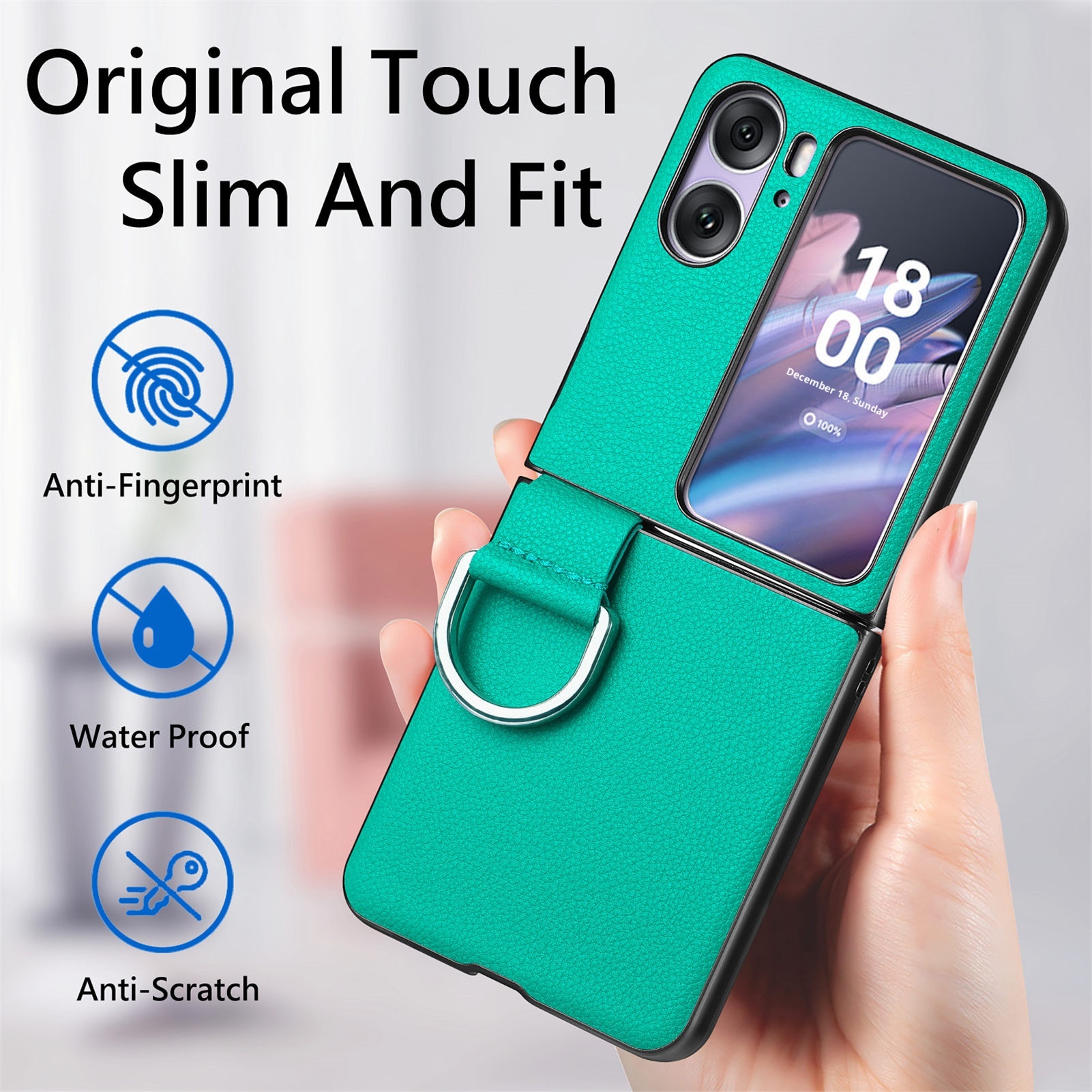 TechGlobe Compatibel met Oppo Find N3 Flip-telefoonhoesje Lychee-patroon Effen kleur Leren ringhouder Omhoog en omlaag vouwbaar scherm_voghion.com