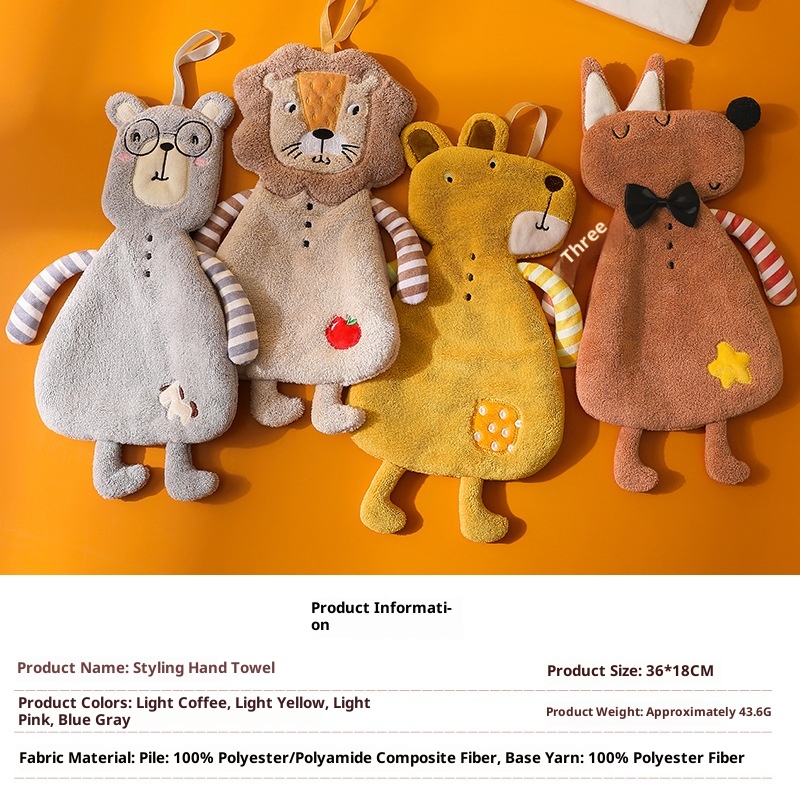 Lillian Cartoon Animal Shaped Coral Fleece Hand Bathroom Hanging Absorbent Kitchen Thick Embroidered Square Towel Cross-Border_voghion.com