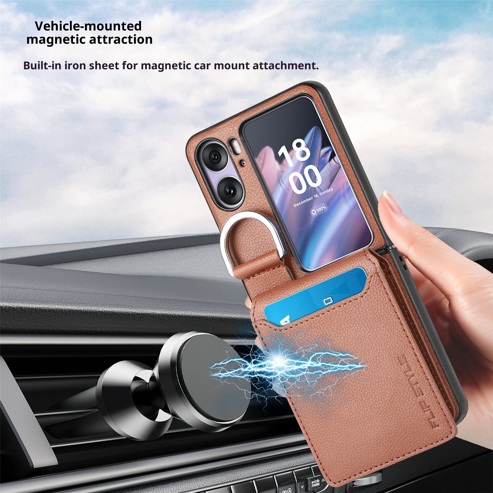 TechGlobe Compatible With OPPO Find N3 Lychee Pattern Flip Cover Holder Ring Phone Case Multi-Functional Card Slot Stand_voghion.com