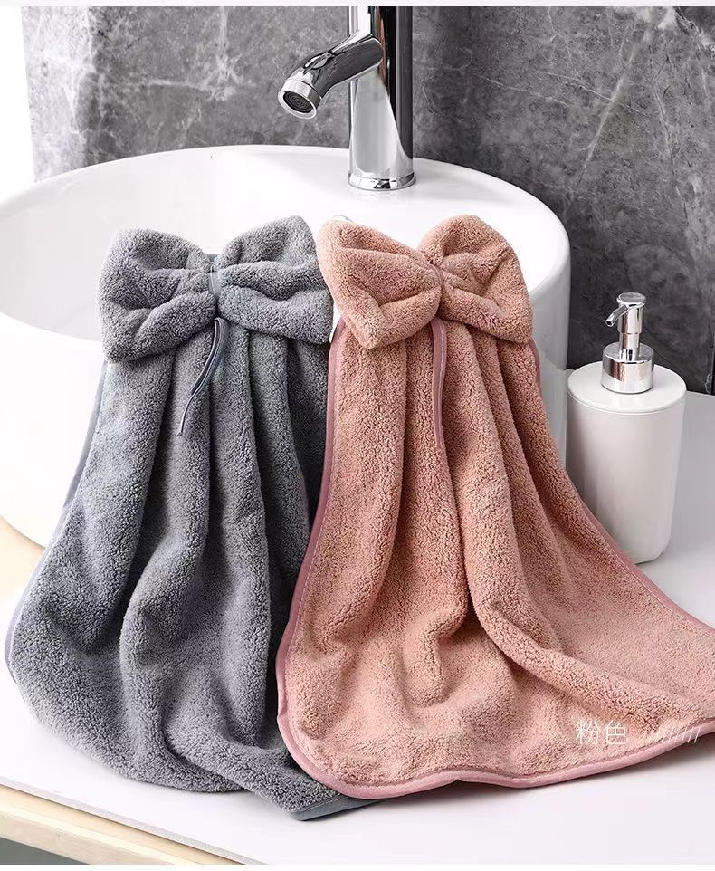 Lillian Cross-Border Bowknot Hand Coral Fleece Absorbent Bathroom Hanging Towel Strong Absorbency Quick-Dry_voghion.com