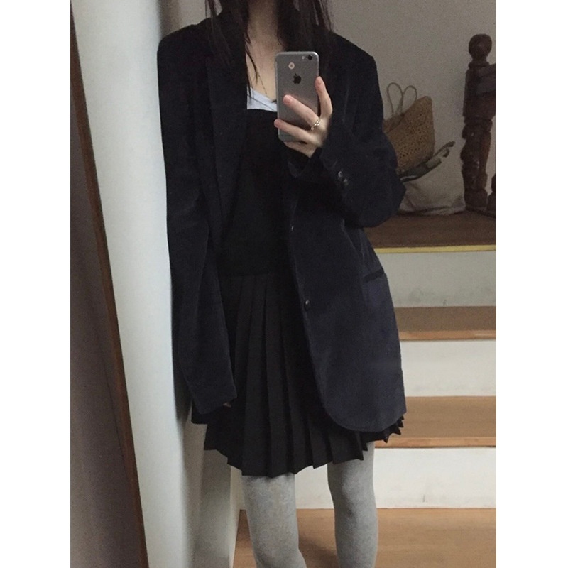 ragazza Ragazza Coreana SMO*THMO*D Retro Velluto a coste Blu Navy Blazer Elastico in Vita Gonna Set per Donna Primavera e Autunno_voghion.com