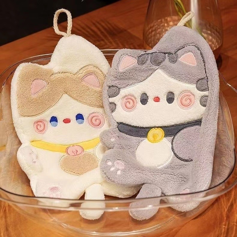 Lillian Cat Cute Hanging Coral Fleece Absorbent Small Kitchen Cloth Children's Hand Towel_voghion.com