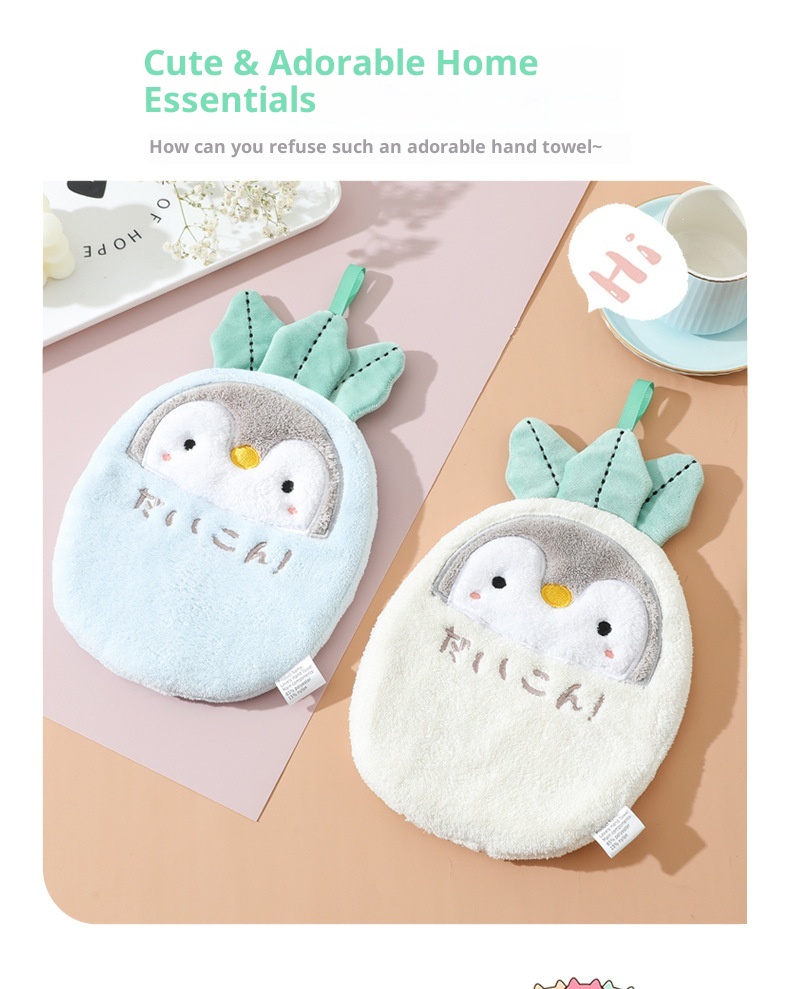Lillian Japanese Style Cartoon Penguin Towel Hanging Cute Double Layer Thickened Absorbent Hand Bathroom Kitchen Wiping Cloth_voghion.com