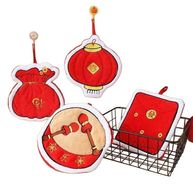 Lillian Spring Festival Drum Lantern Hand Cute Absorbent Coral Fleece Bathroom Kitchen Handkerchief Hanging Towel_voghion.com