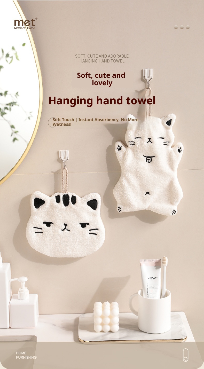 Lillian Absorbent Cute Cat Bathroom Kitchen Hanging Non-Shedding Coral Fleece Small Hand Towel_voghion.com