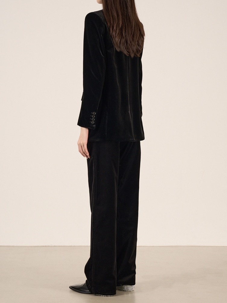 girl Girl YIMENG Light High-End Feel Black Velvet Peak Lapel Women's Blazer Waist-Cinching Vest Straight-Leg Pants Suit_voghion.com
