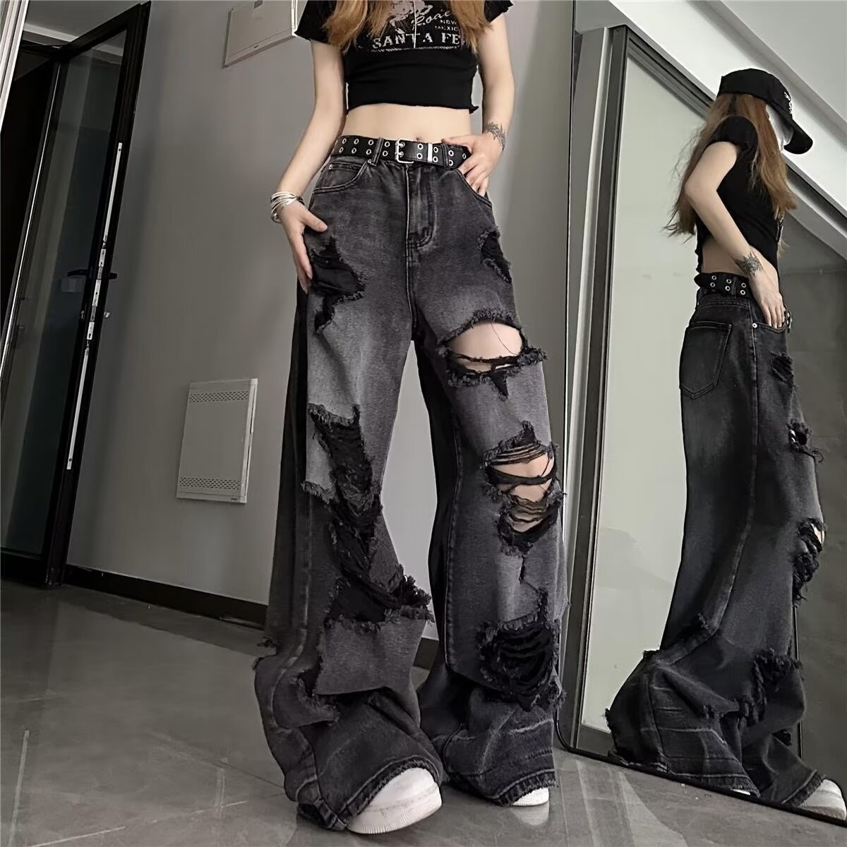 Boy Hong Kong Ripped Jeans Unisex High Street American Pear-Shaped Body European Style Beggar Wide-Leg Long Pants_voghion.com