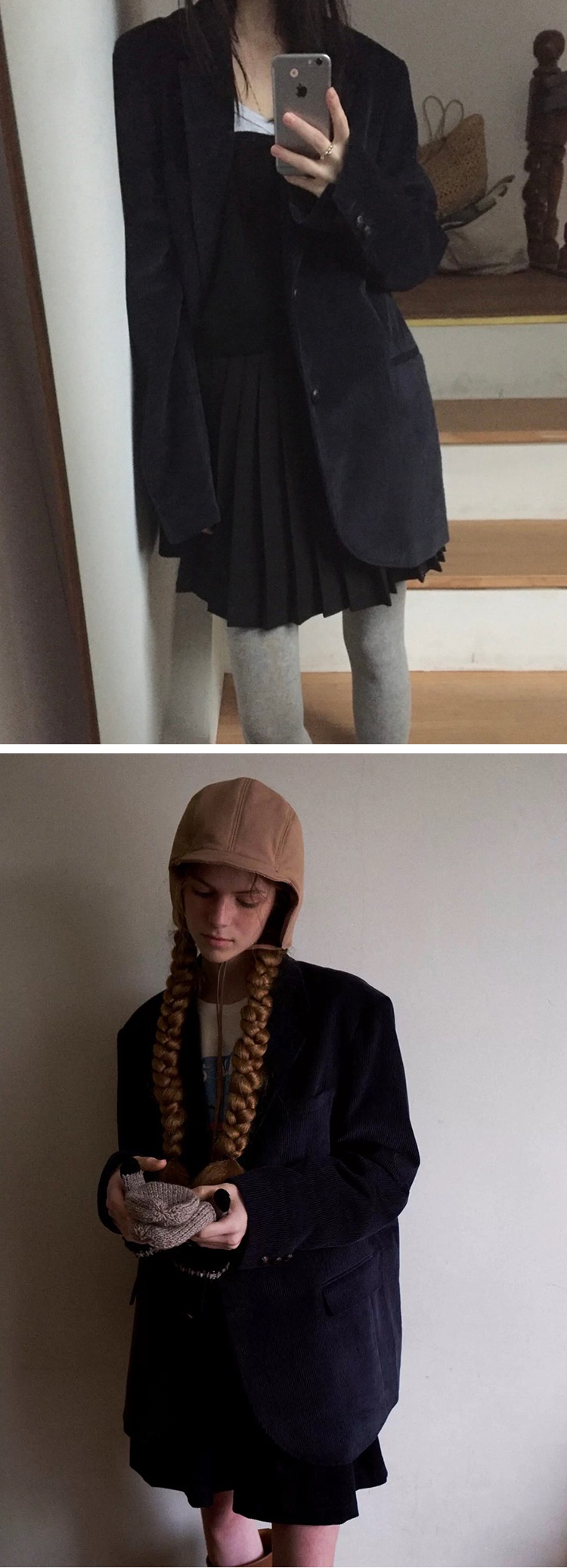 ragazza Ragazza Coreana SMO*THMO*D Retro Velluto a coste Blu Navy Blazer Elastico in Vita Gonna Set per Donna Primavera e Autunno_voghion.com