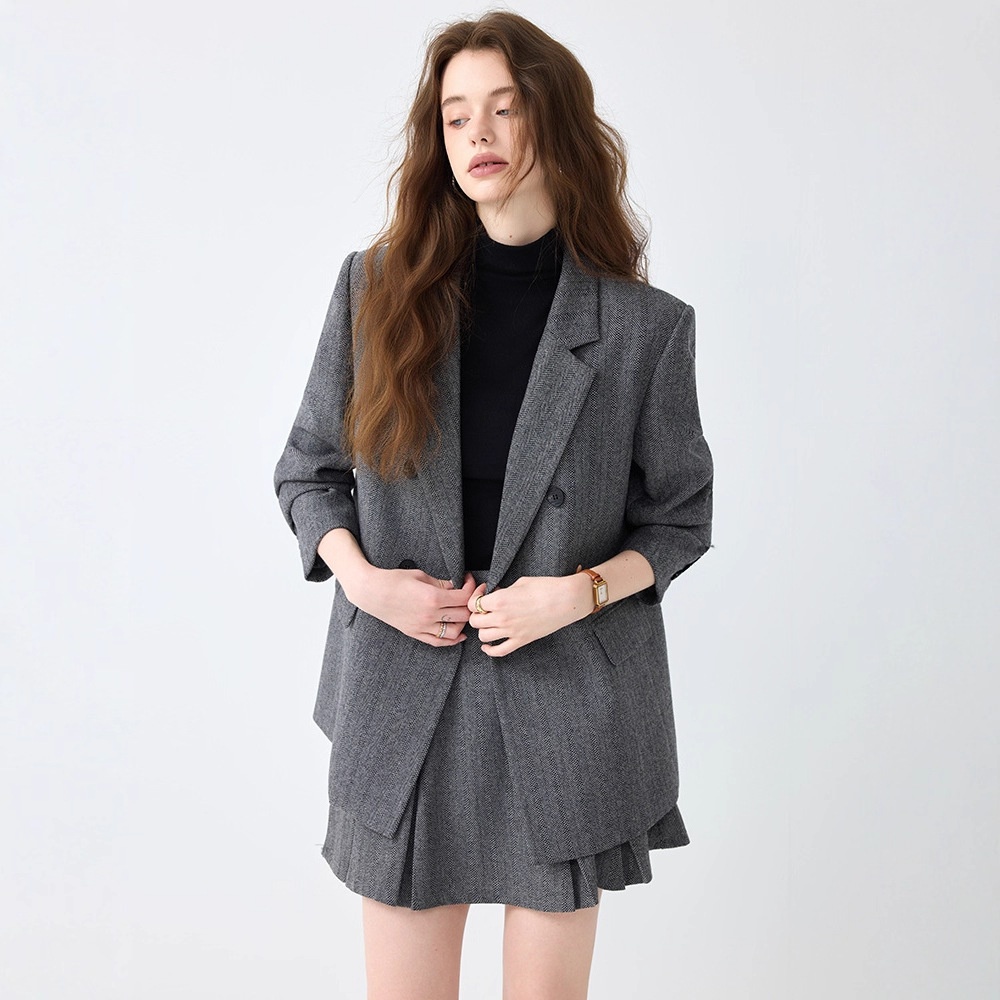 Grauer Blazer für Damen, Frühjahr/Herbst 2025 – Neues, lässiges und hochwertiges Business-Set in kleinen Größen mit Faltenrock_voghion.com