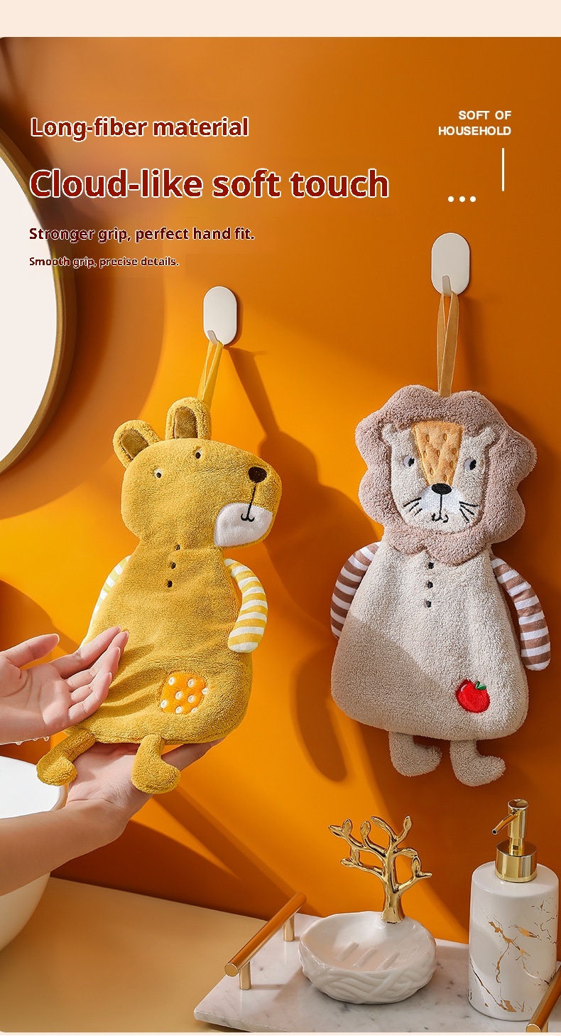 Lillian Cartoon Animal Shaped Coral Fleece Hand Bathroom Hanging Absorbent Kitchen Thick Embroidered Square Towel Cross-Border_voghion.com