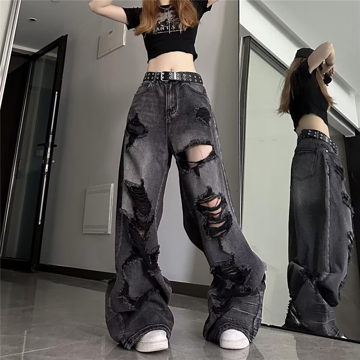 Boy Hong Kong Ripped Jeans Unisex High Street American Pear-Shaped Body European Style Beggar Wide-Leg Long Pants_voghion.com