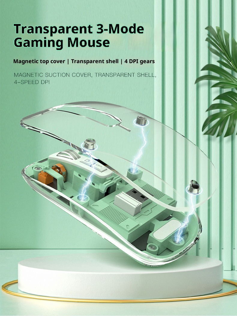 Mouse ottico da gioco silenzioso per computer, modello ricaricabile, trasparente, wireless, Bluetooth, a tre modalità, personalizzato da Techglobe_voghion.com