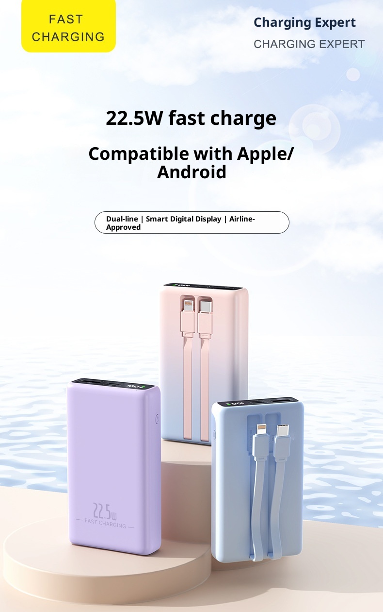 techglobe Cross-Border Exclusive 20000mAh Dual-Direction 22.5W Fast Charging Capacity Power Bank Portable With Dual Cables Lithium_voghion.com