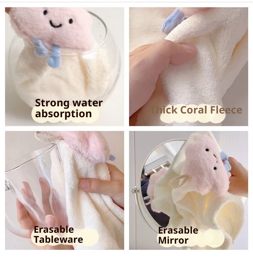 Lillian Absorbent Quick-Dry Household Kitchen Cloth Bear Pineapple Square Baby Hand Towel Cloud Hanging Coral Fleece_voghion.com