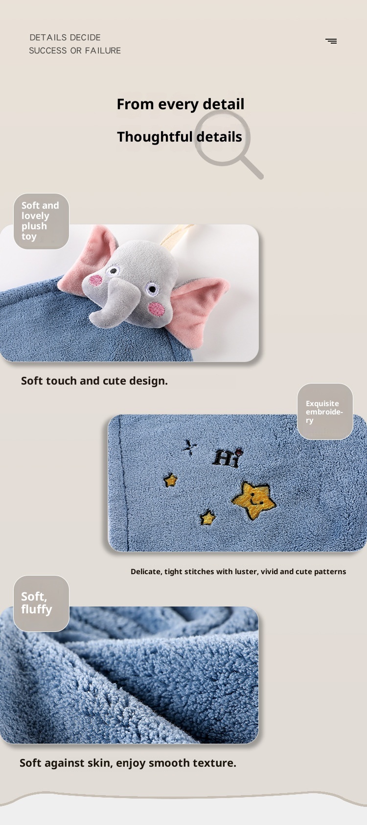 Lillian Thick Coral Fleece Plush Hanging Absorbent Cute Handkerchief Embroidered Hand Cloth Square Towel_voghion.com