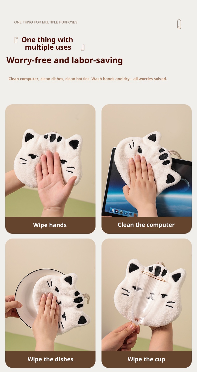 Lillian Absorbent Cute Cat Bathroom Kitchen Hanging Non-Shedding Coral Fleece Small Hand Towel_voghion.com