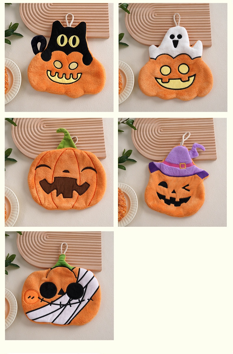 Lillian Cross-Border Halloween Cute Pumpkin Coral Fleece Hand Towel Hanging Kitchen Absorbent Quick-Dry Children's Gift_voghion.com