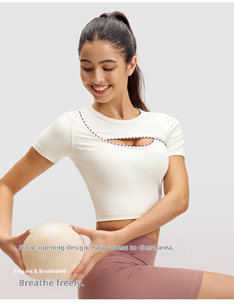 Sports Short Sleeve Women Yoga Wear Outdoor T-shirt Front Chest Breathable Opening High Elastic Quick Dry Thin Training_voghion.com