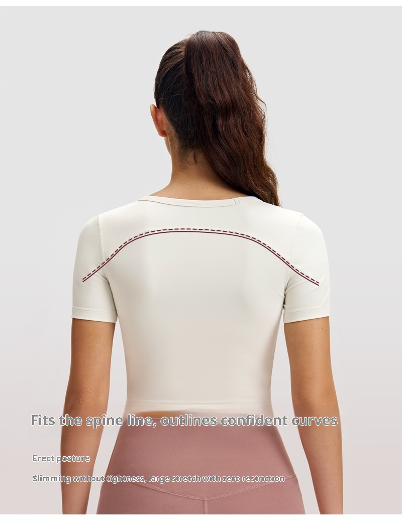 Sports Short Sleeve Women Yoga Wear Outdoor T-shirt Front Chest Breathable Opening High Elastic Quick Dry Thin Training_voghion.com