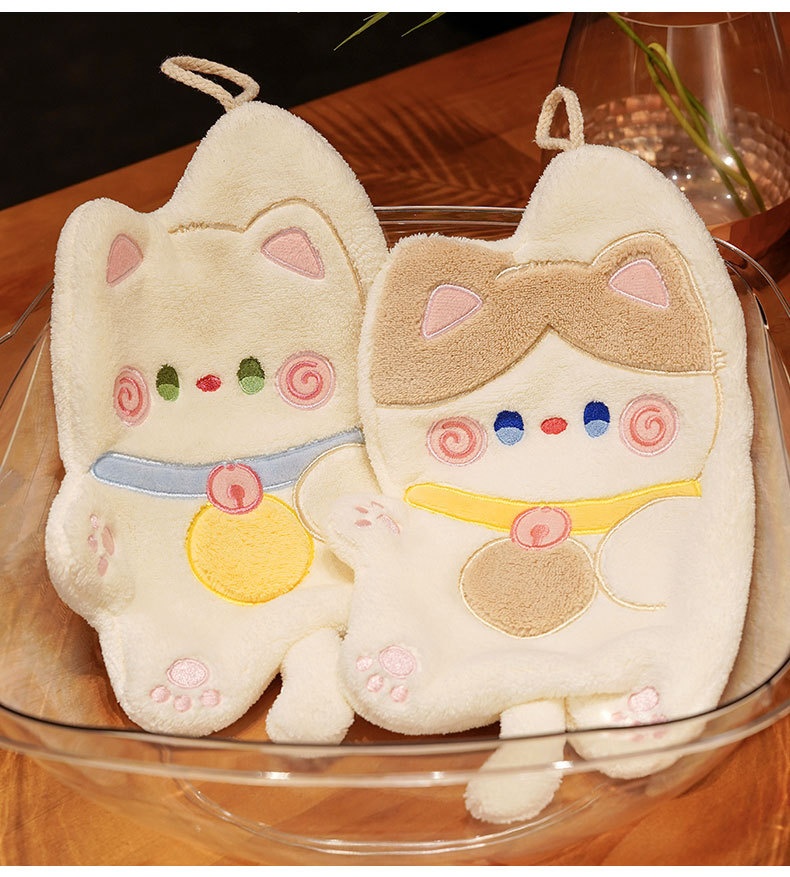Lillian Cat Cute Hanging Coral Fleece Absorbent Small Kitchen Cloth Children's Hand Towel_voghion.com