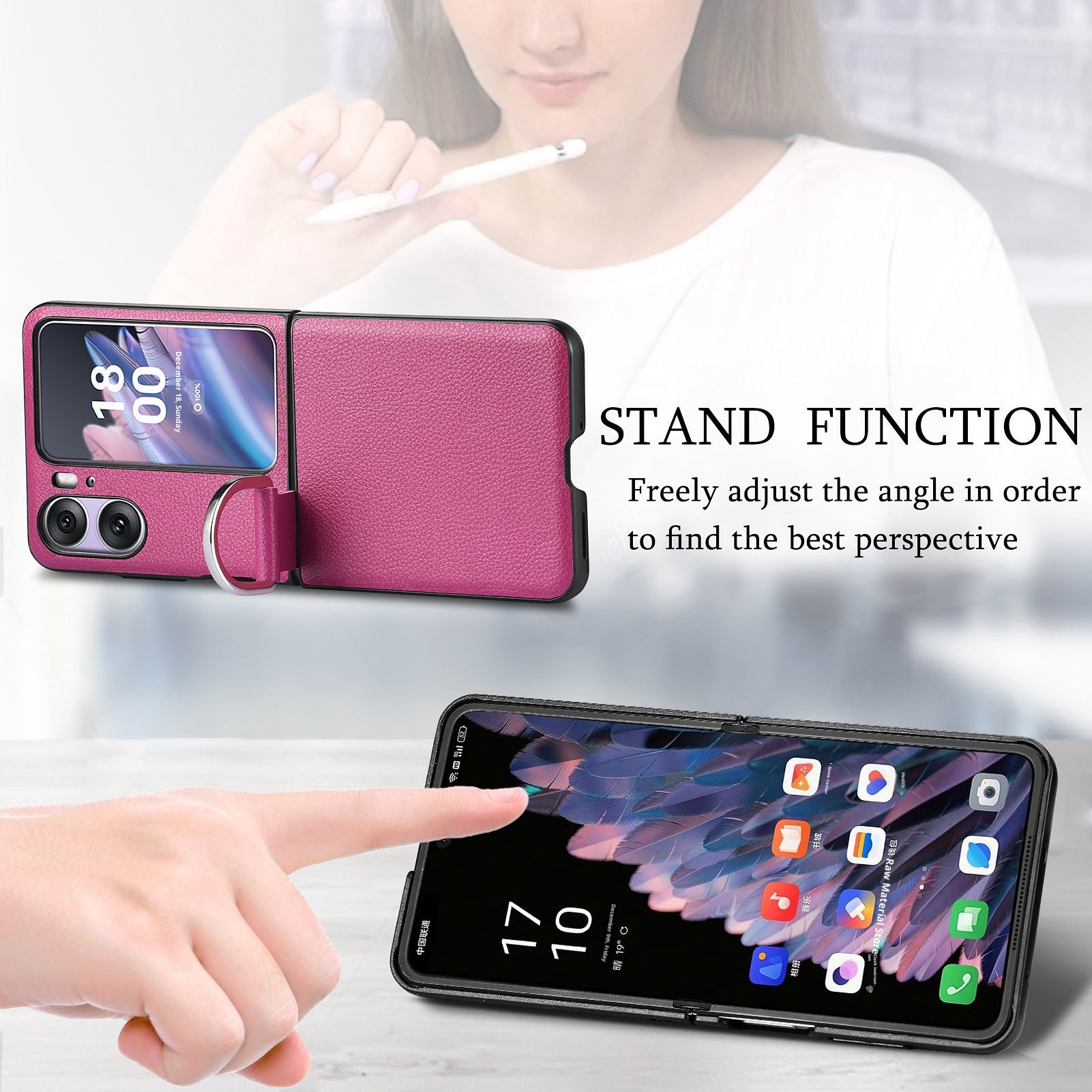 TechGlobe Compatibel met Oppo Find N3 Flip-telefoonhoesje Lychee-patroon Effen kleur Leren ringhouder Omhoog en omlaag vouwbaar scherm_voghion.com