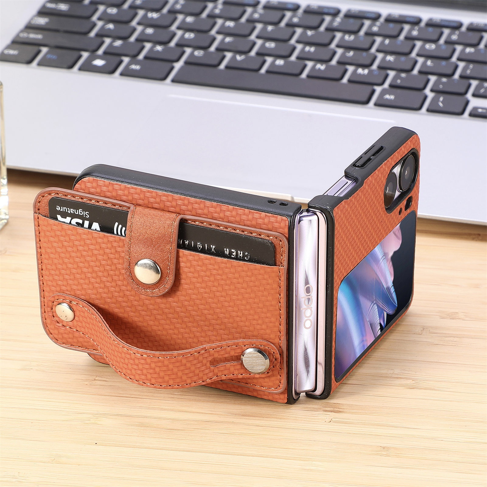 TechGlobe Suitable For OPPO Find N3 Flip Multifunctional Phone Case Creative Stand Card Slot Wrist Strap PC Protective Cover_voghion.com