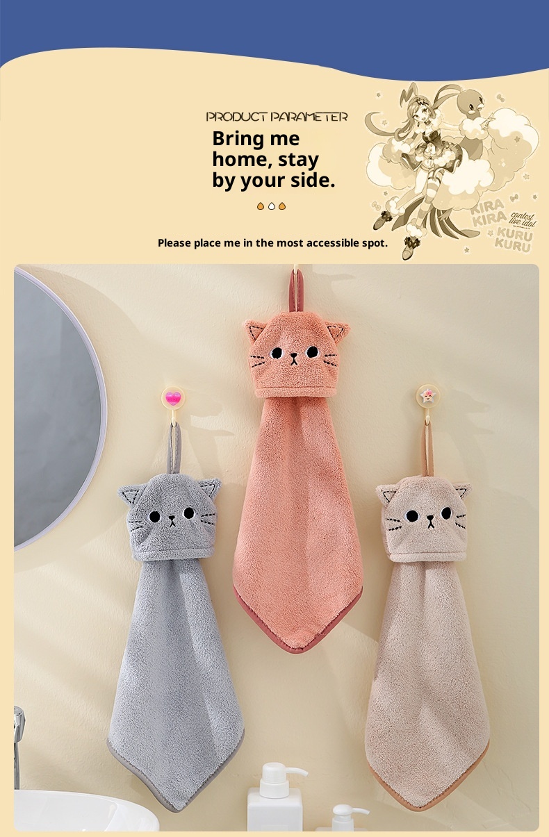 Lillian Korallenvlies Niedliches Katzen-Stickerei Hand Hängendes Saugfähiges Küchen-Badezimmer-Doppelverwendungs-Quadrathandtuch Großhandel_voghion.com