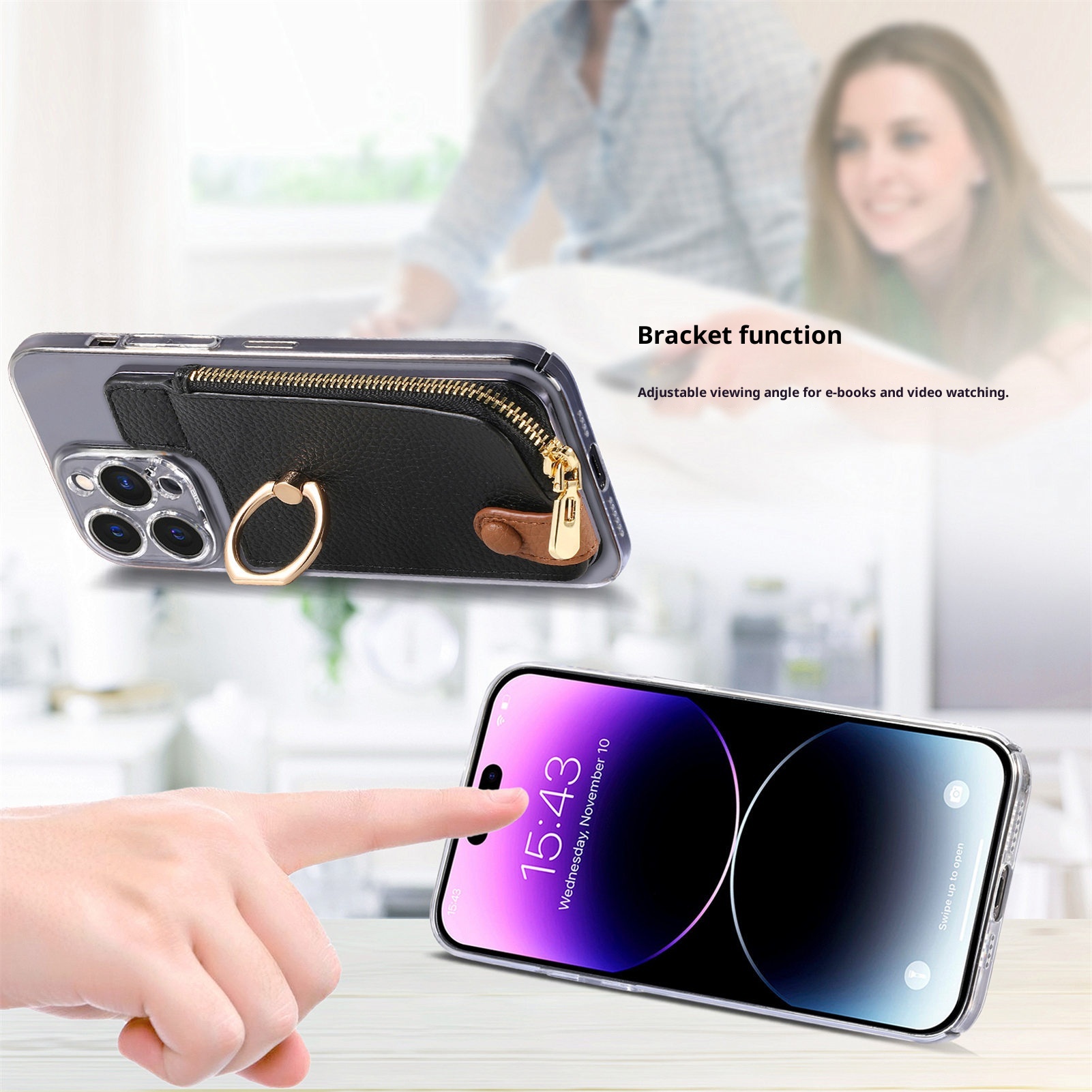 Portafoglio da polso in pelle con clip per monete e adesivo posteriore TechGlobe, porta carte d'identità antifurto RFID_voghion.com