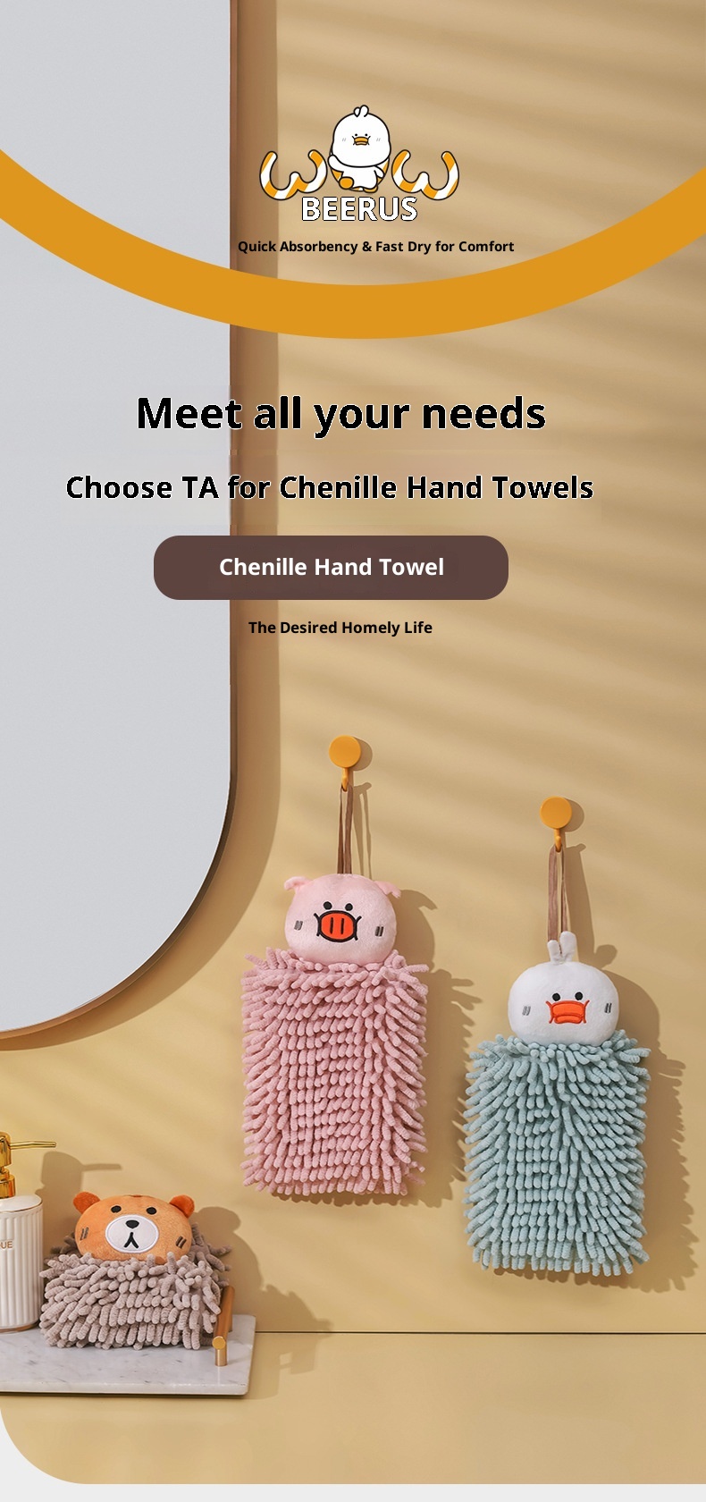 Lillian Cute Cartoon Chenille Ball Kitchen Bathroom Hanging Hand Absorbent Towel Thickened_voghion.com