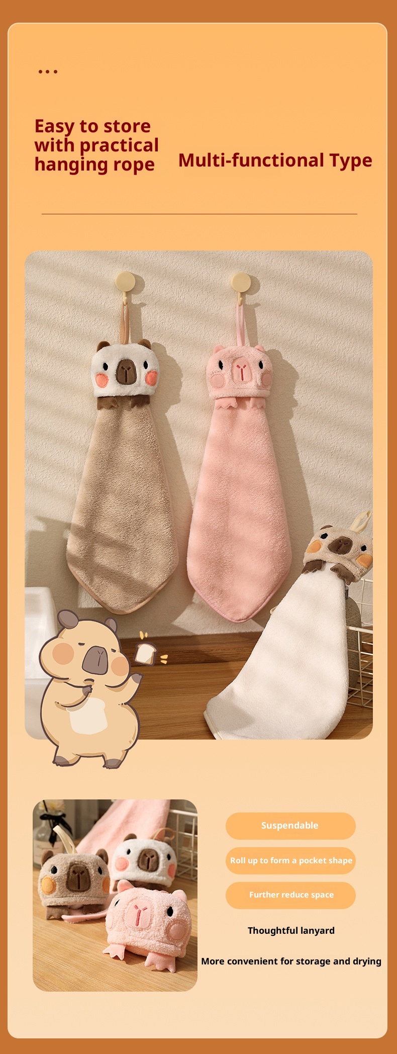 Lillian Capybara Hand Hanging Cartoon Cute Thickened Kitchen Bathroom Household Absorbent Quick-Dry Children's Washcloth Towel_voghion.com