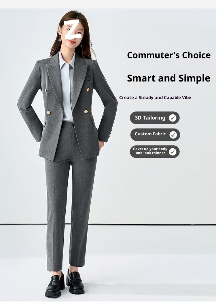 girl Girl Gray Set For Women, Double-Breasted, Petite Formal Wear, College Student Exam Interview Professional Suit_voghion.com