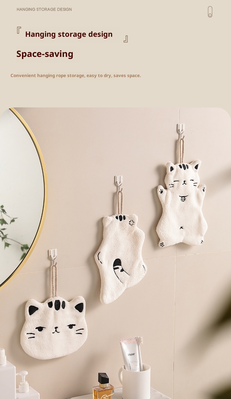 Lillian Absorbent Cute Cat Bathroom Kitchen Hanging Non-Shedding Coral Fleece Small Hand Towel_voghion.com
