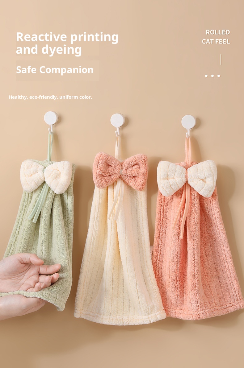 Lillian Hanging Cute Cartoon Bowknot Absorbent Towel Coral Fleece Bathroom Kitchen Hand Cloth_voghion.com