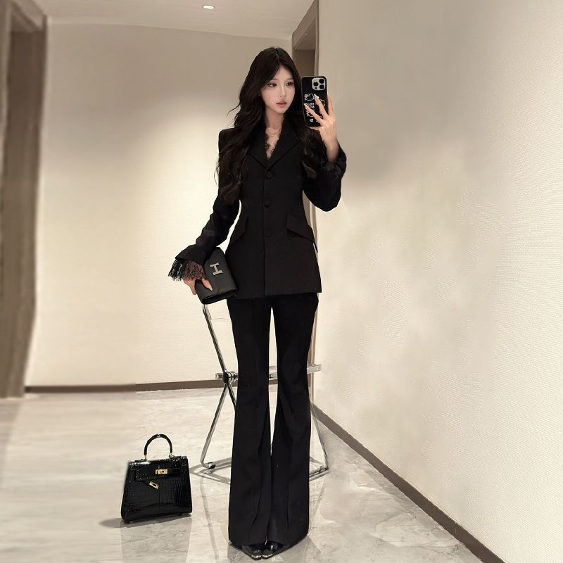 Completo da donna in due pezzi, elegante, casual, con pantaloni lunghi, in pizzo patchwork Manxuan, con maniche nere, autunno inverno_voghion.com