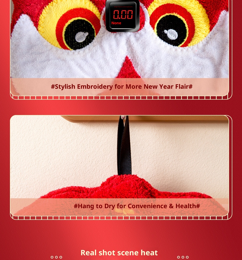 Lillian Spring Festival Red Hanging Hand Absorbent Cloth Three-Layer Thickened Coral Fleece Kitchen Towel Handkerchief Dry Hands_voghion.com