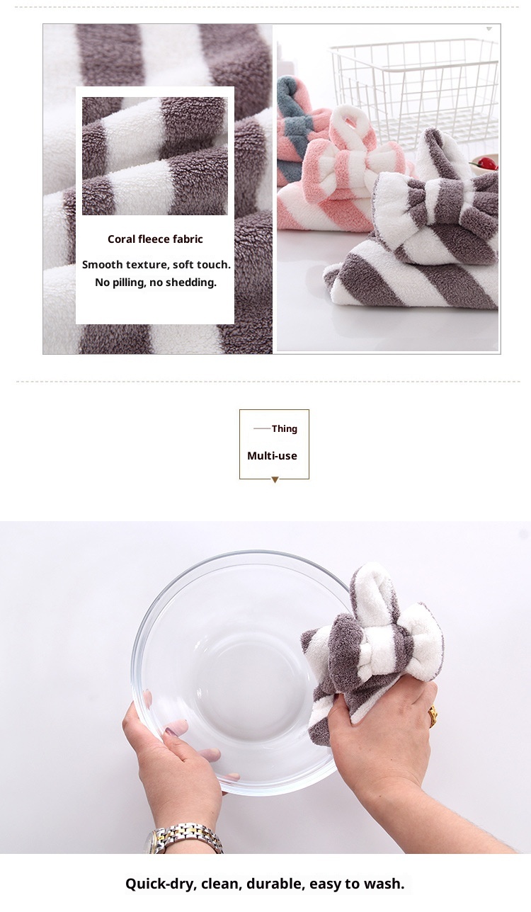 Il produttore Lillian vende asciugamani da appendere in pile di corallo con fiocco per cucina e bagno, morbidi e assorbenti._voghion.com