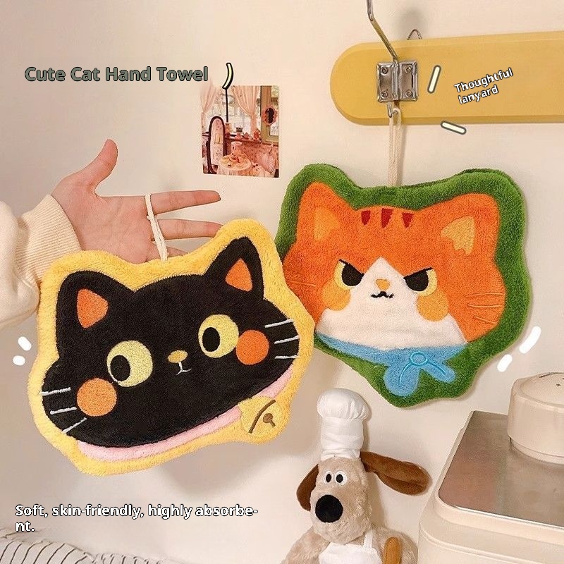 Lillian Cartoon Cute Cat Hanging Hand Household Kitchen Bathroom Thickened Coral Absorbent Cloth Towel_voghion.com