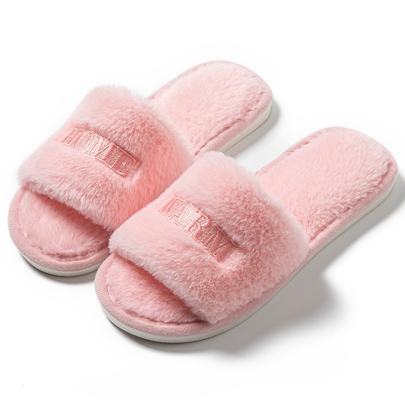 Zees Fairy Peak Creative Embroidery Ins Warm Women's Winter One-Word Furry Cotton Home Indoor Wooden Floor Non-Slip Slippers_voghion.com