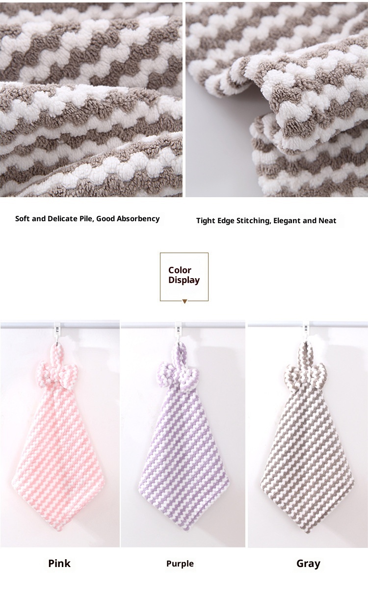 Il produttore Lillian vende asciugamani da appendere in pile di corallo con fiocco per cucina e bagno, morbidi e assorbenti._voghion.com