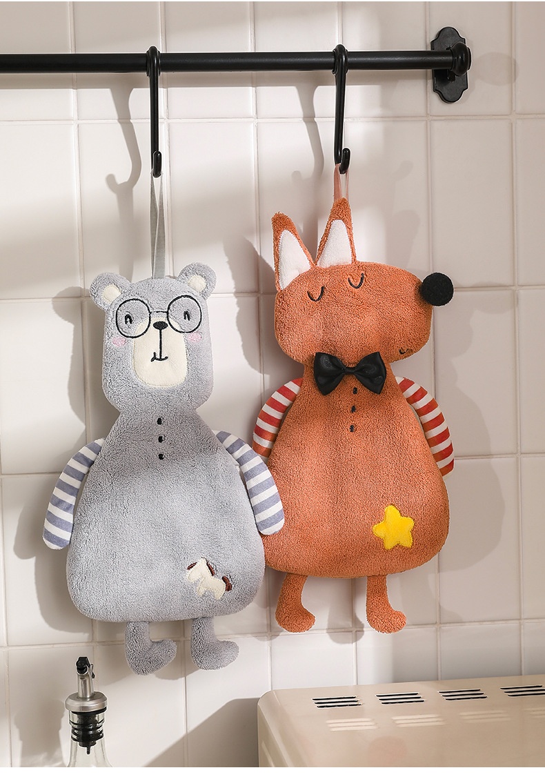 Lillian Cartoon Animal Shaped Coral Fleece Hand Bathroom Hanging Absorbent Kitchen Thick Embroidered Square Towel Cross-Border_voghion.com