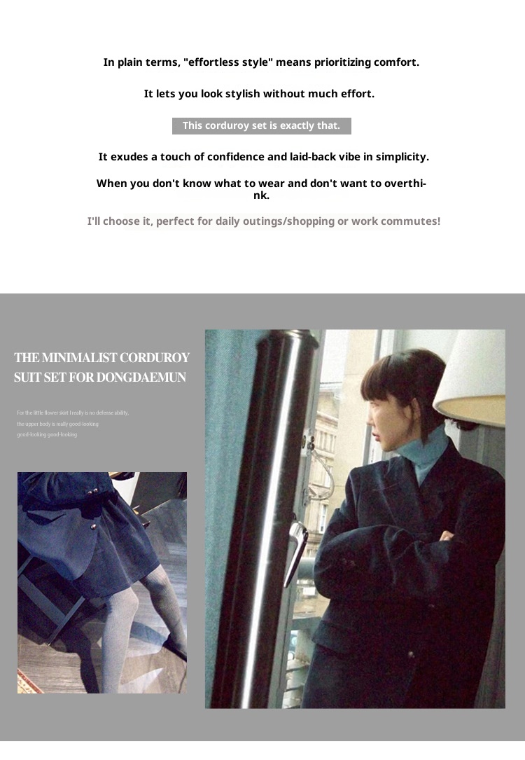 ragazza Ragazza Coreana SMO*THMO*D Retro Velluto a coste Blu Navy Blazer Elastico in Vita Gonna Set per Donna Primavera e Autunno_voghion.com