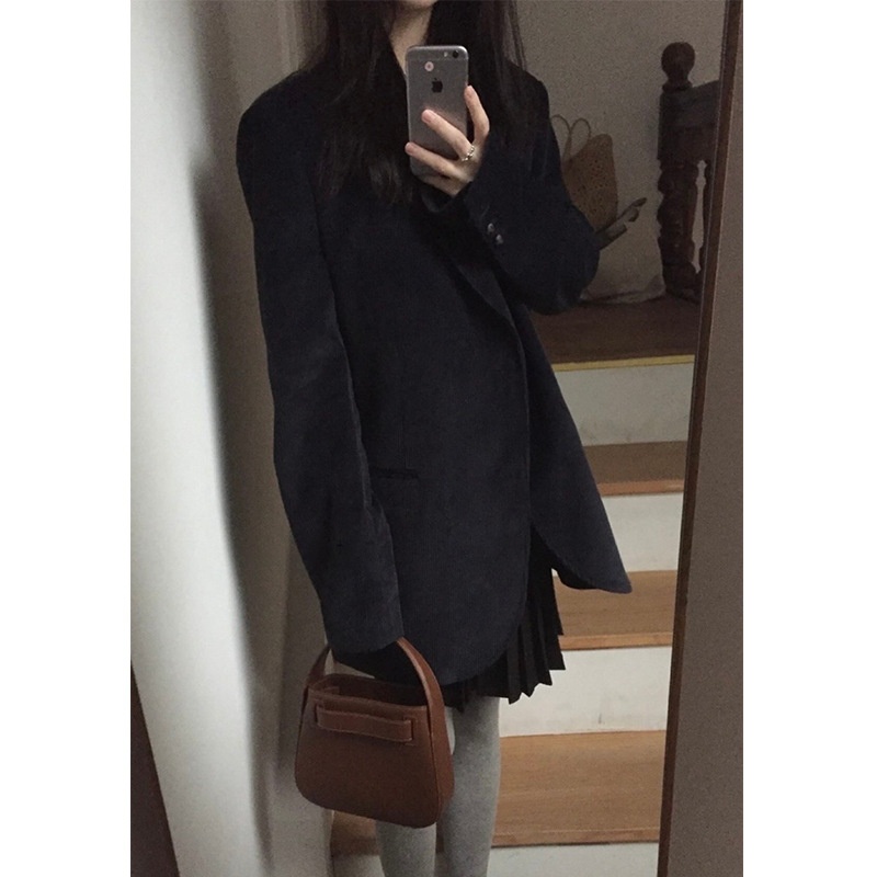 ragazza Ragazza Coreana SMO*THMO*D Retro Velluto a coste Blu Navy Blazer Elastico in Vita Gonna Set per Donna Primavera e Autunno_voghion.com