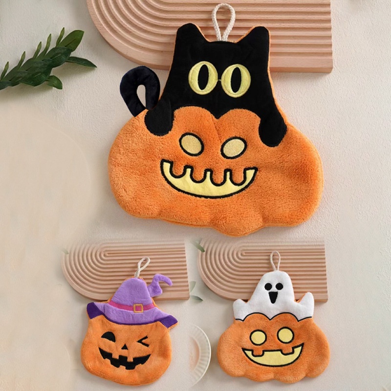 Lillian Cross-Border Halloween Cute Pumpkin Coral Fleece Hand Towel Hanging Kitchen Absorbent Quick-Dry Children's Gift_voghion.com