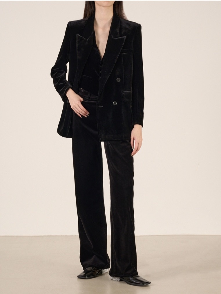 girl Girl YIMENG Light High-End Feel Black Velvet Peak Lapel Women's Blazer Waist-Cinching Vest Straight-Leg Pants Suit_voghion.com
