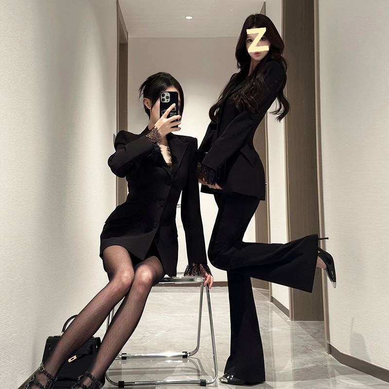 Ragazza Ragazza Blazer con maniche patchwork in pizzo nero per donna, elegante set casual da due pezzi per autunno inverno con pantaloni lunghi_voghion.com