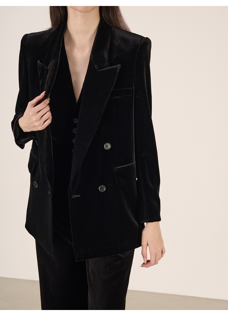 girl Girl YIMENG Light High-End Feel Black Velvet Peak Lapel Women's Blazer Waist-Cinching Vest Straight-Leg Pants Suit_voghion.com